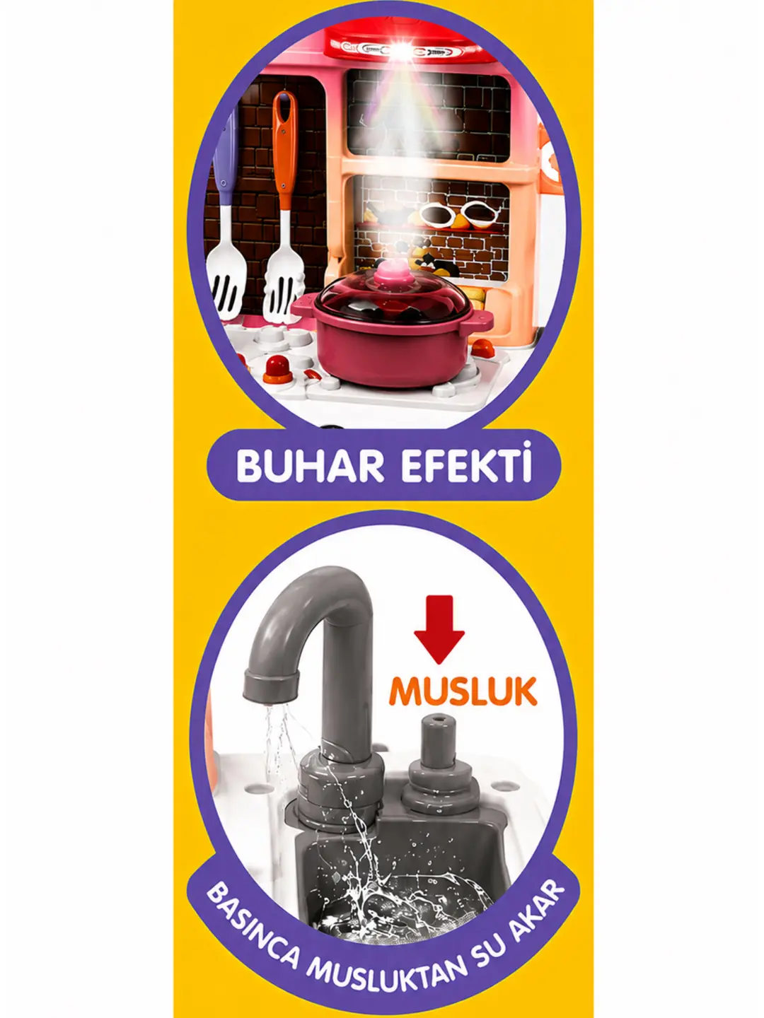 Buharlı Sesli Işıklı Sulu Oynanan Musluklu Mutfak Oyun Seti 7