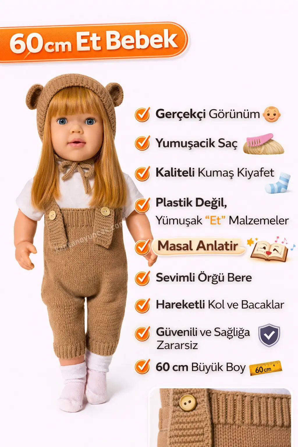 Triko Kıyafetli Masal Anlatan Sesli Azra Et Bebek 60 Cm