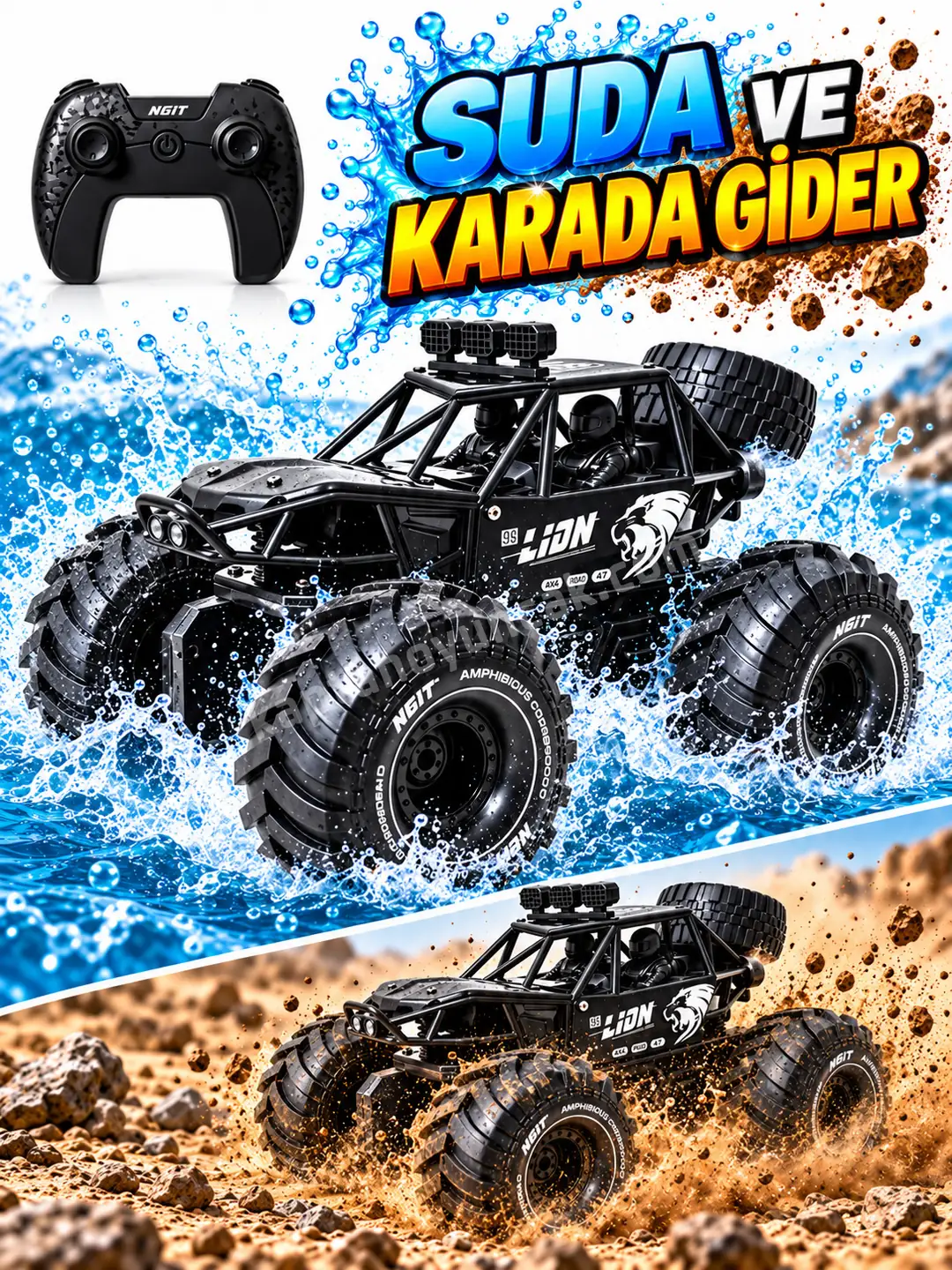 Uzaktan Kumandalı Şarjlı Suda ve Karada Gidebilen 4x4 Off Road Araba 2