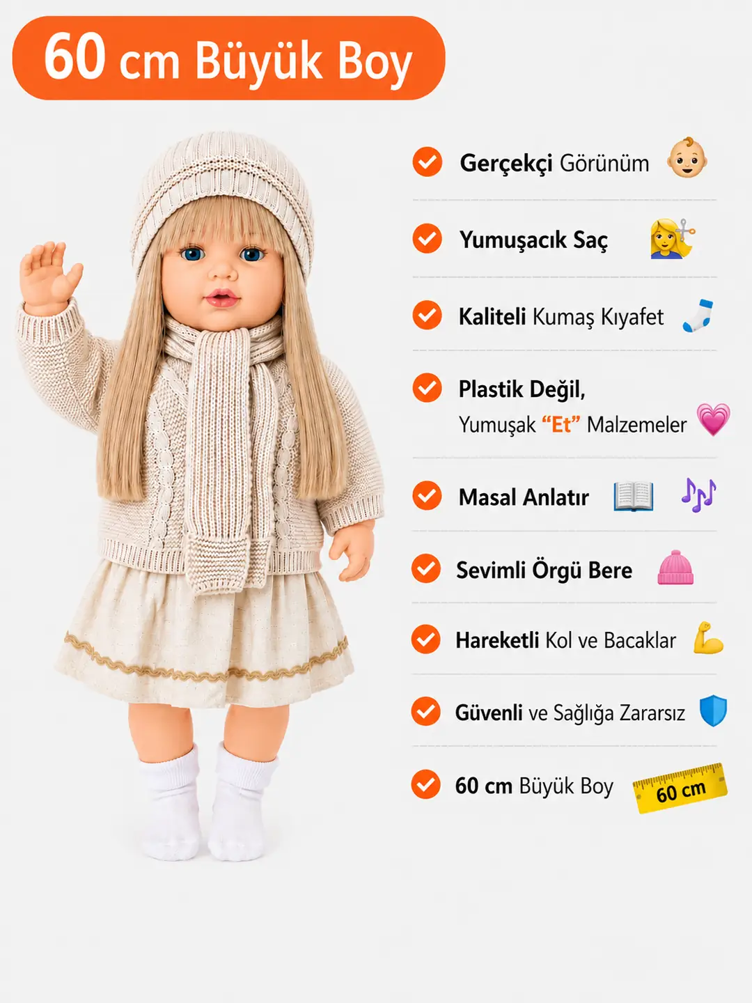 Triko Hırka Kıyafetli Masal Anlatan Sesli Azra Et Bebek 60 Cm