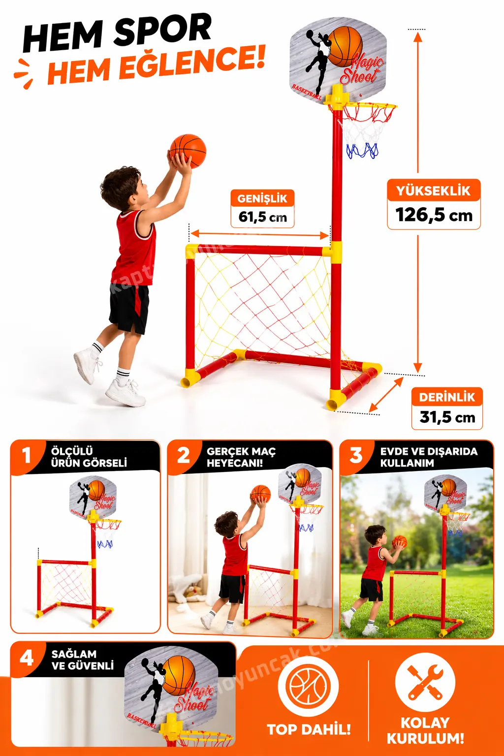 2 si 1 Arada Portatif Futbol Kalesi ve Basket Pota Oyun Seti