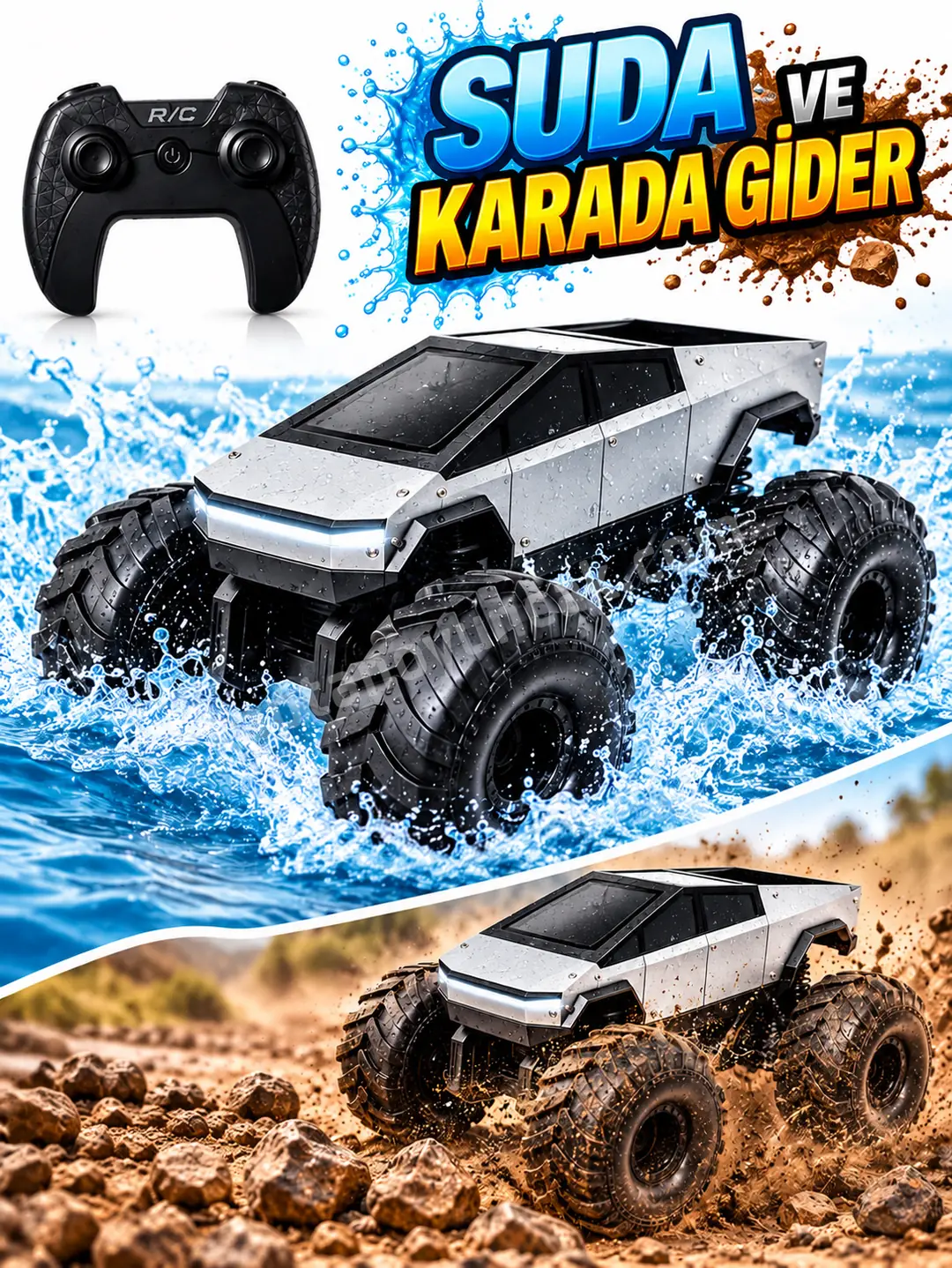 Uzaktan Kumandalı Şarjlı Suda ve Karada Gidebilen Tesla Cybertruck Off Road Araba 2
