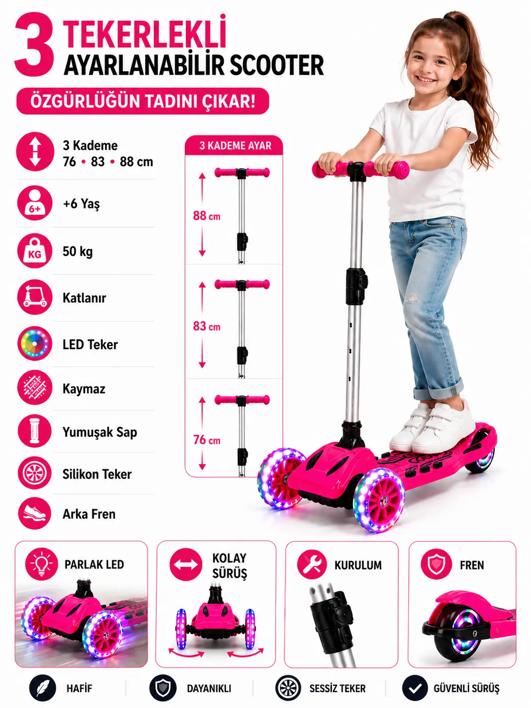 Cool Wheels 3 Tekerlekli Katlanabilir Maxi Işıklı Scooter