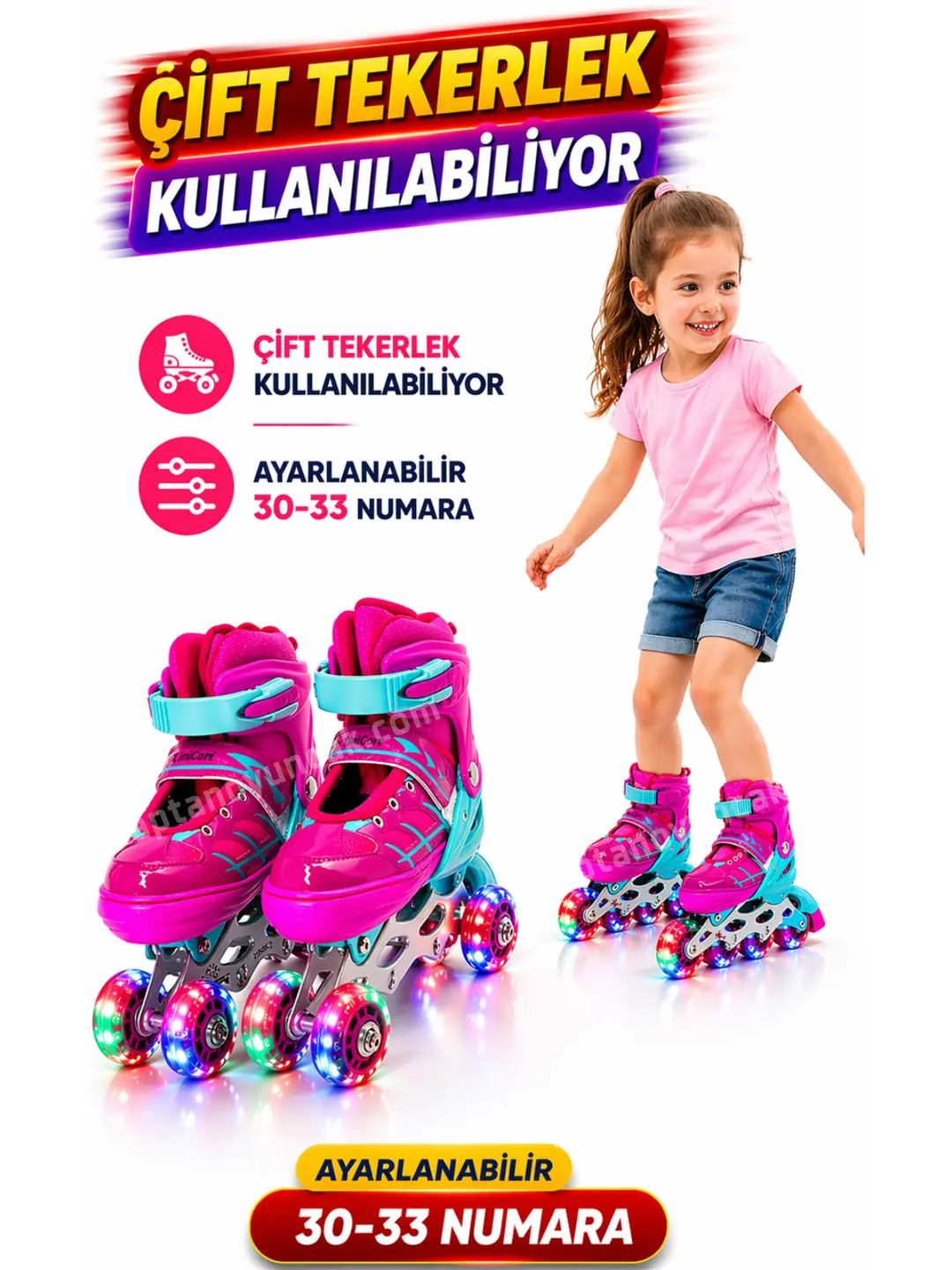 Çift Sıra Ayarlanabilen 4 Tekerlekli 4 Teker Işıklı Alıştırma Pateni 30-33