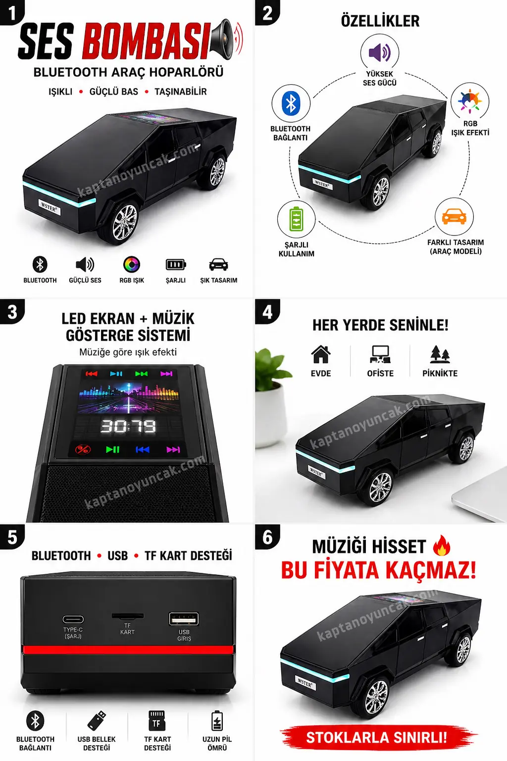 Tesla Şarjlı Ses Bombası Araba Hoparlör Radyo Bluetooth Aux Usb Destekli