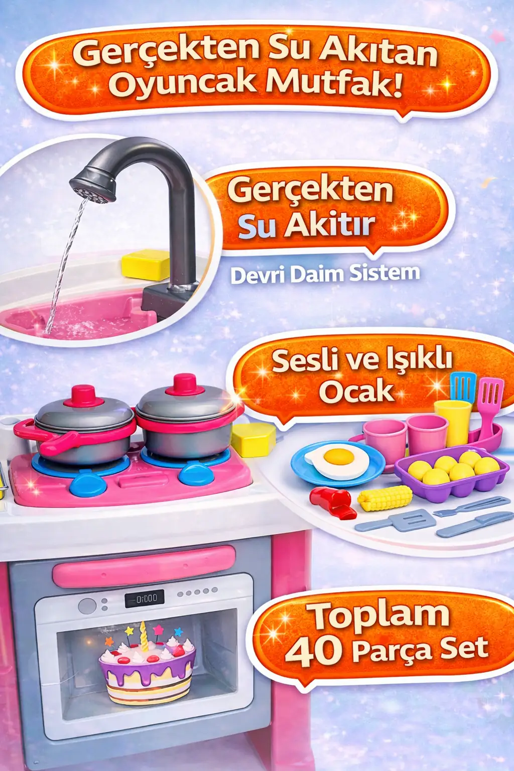 Ayaklı Büyük Boy Mutfak Seti Pilli Devridaim Musluklu 40 Parça Oyuncak Seti 3