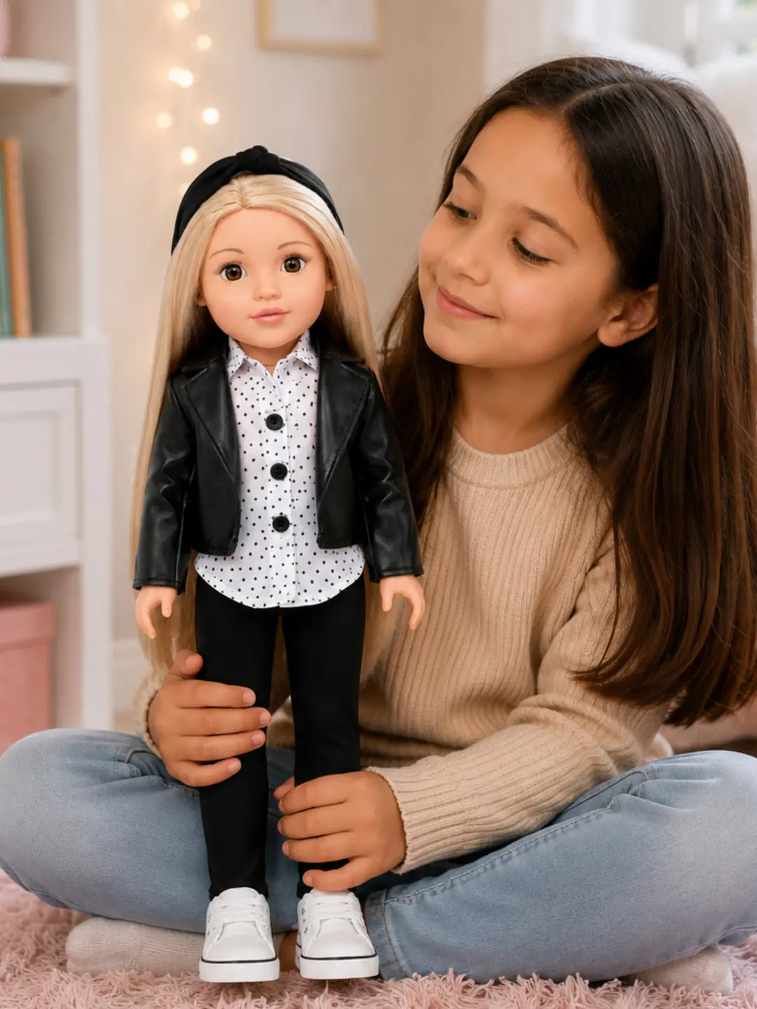 Deri Ceketli Uzun Saçlı Alya Bebek 47 Cm