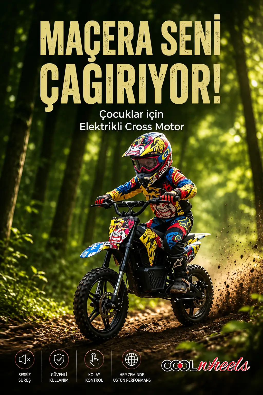 Cool Wheels 36V Elektrikli Çocuk Cross Motor 14 inç Teker Bluetooth LED Far 3 Kademe Hız Ayarlı