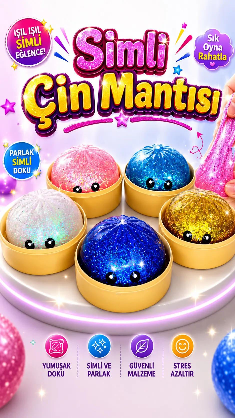 Dumpling Squishy Sürpriz Simli Renkli Çin Mantısı Büyük Boy