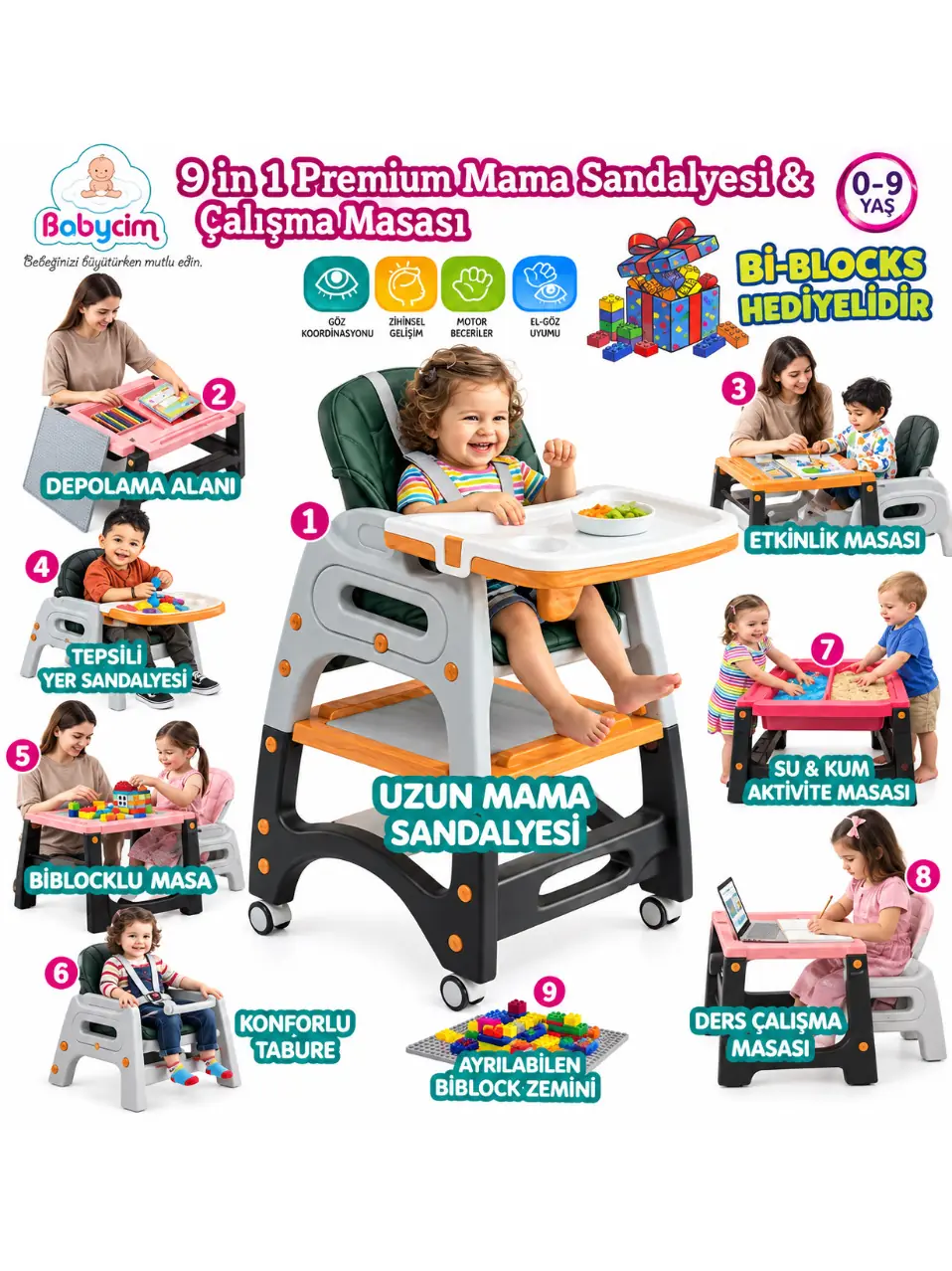 9 u 1 Arada Dönüşebilen Mama Sandalyesi Çalışma Masası Aktivite Masası