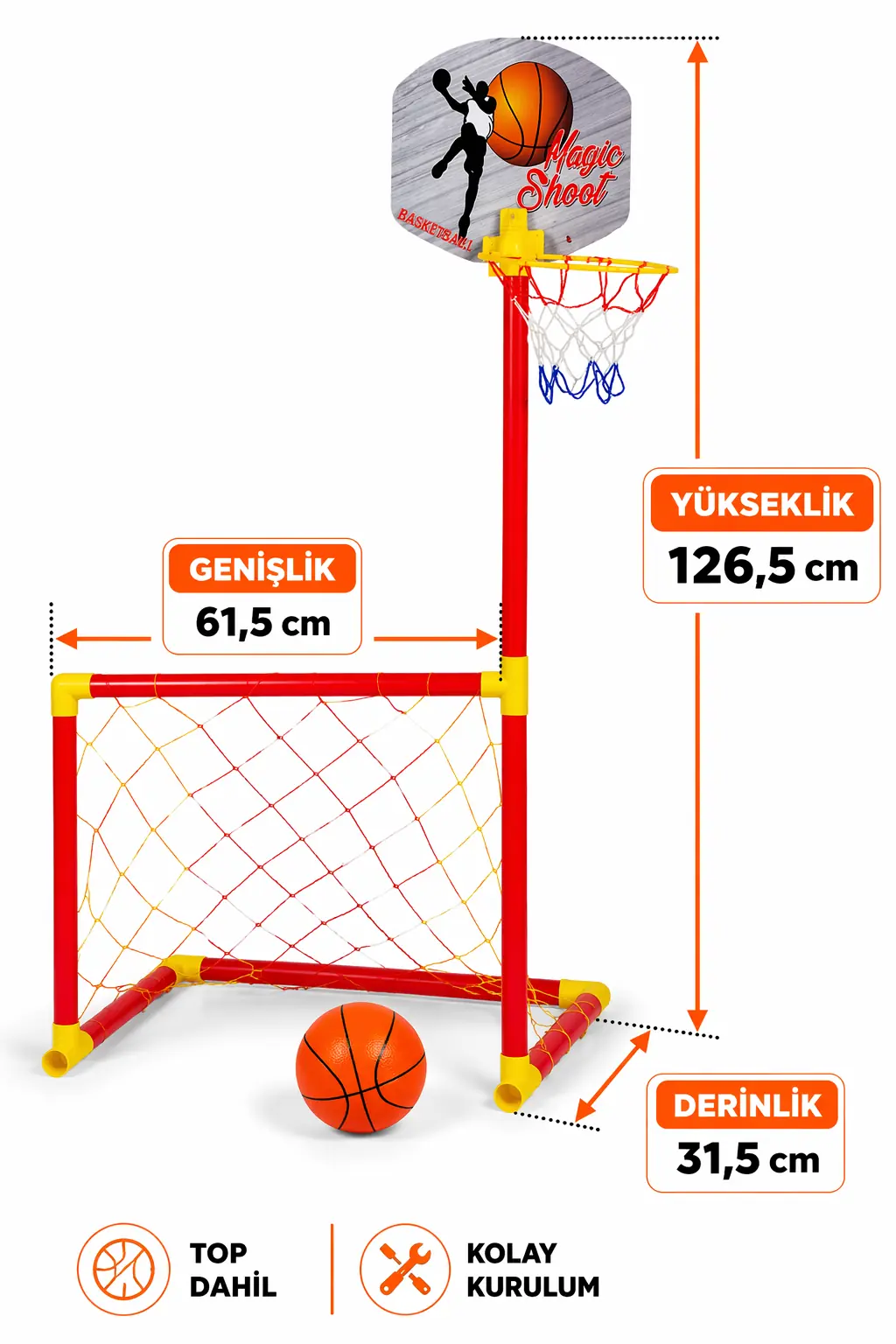 2 si 1 Arada Portatif Futbol Kalesi ve Basket Pota Oyun Seti 3