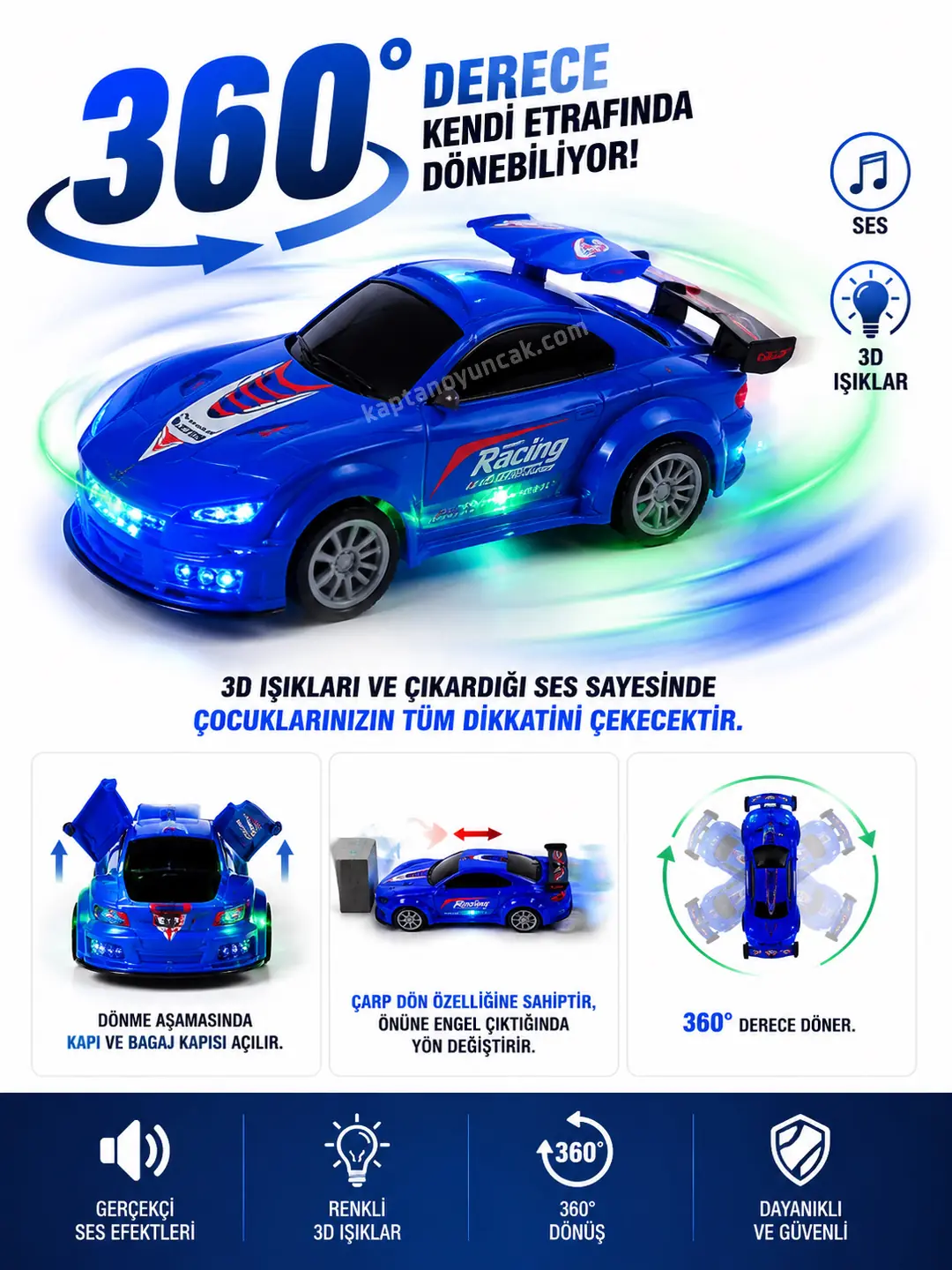 Sensörlü Hareketli Spor Araba 3D Işıklı Sesli 360 Derece Dönen Spor Araba