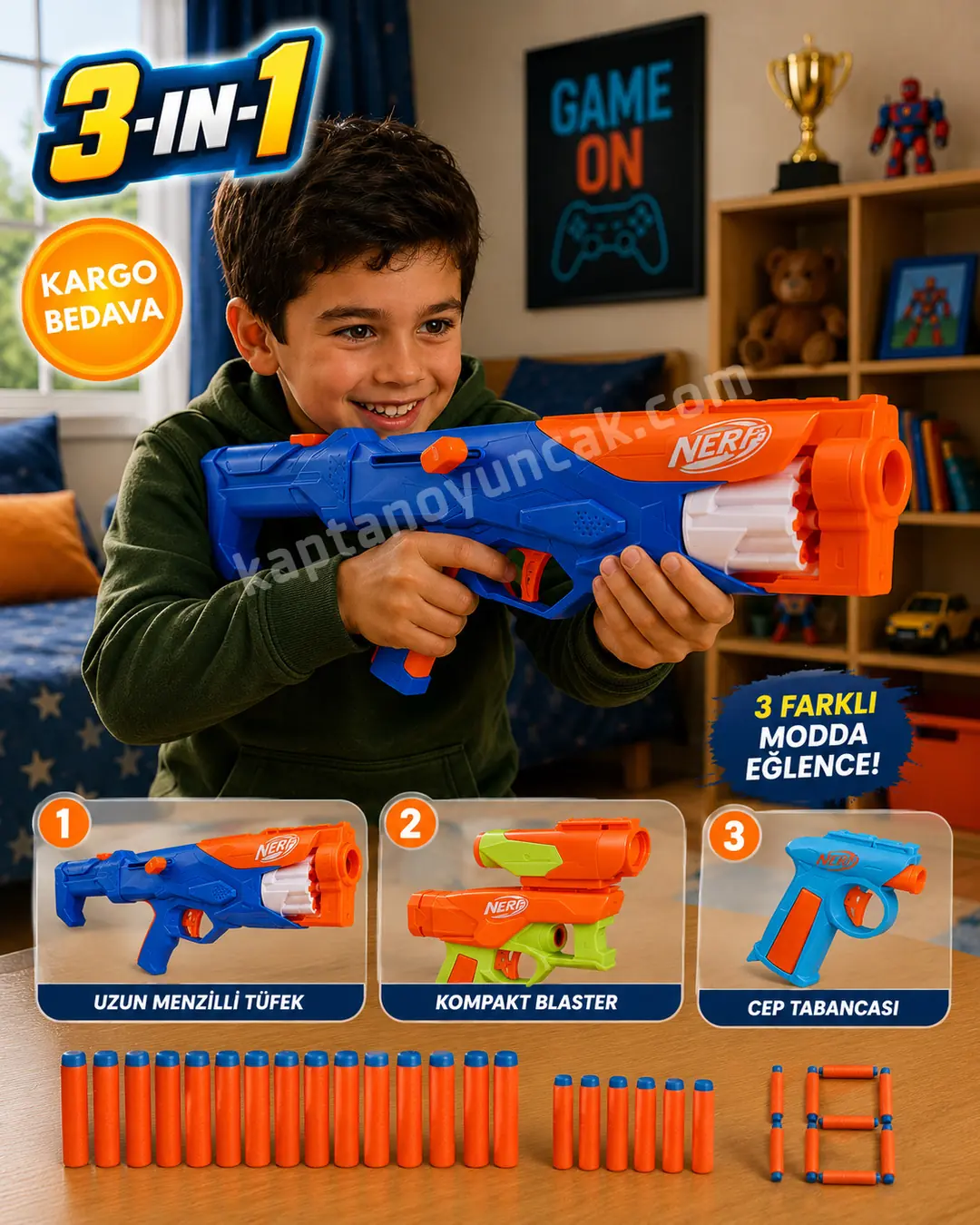 Nerf N-Serisi Gear Up 18 Sünger Mermili 3’lü Dart Atan Silah Seti