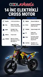 Cool Wheels 36V Elektrikli Çocuk Cross Motor 14 inç Teker Bluetooth LED Far 3 Kademe Hız Ayarlı 2
