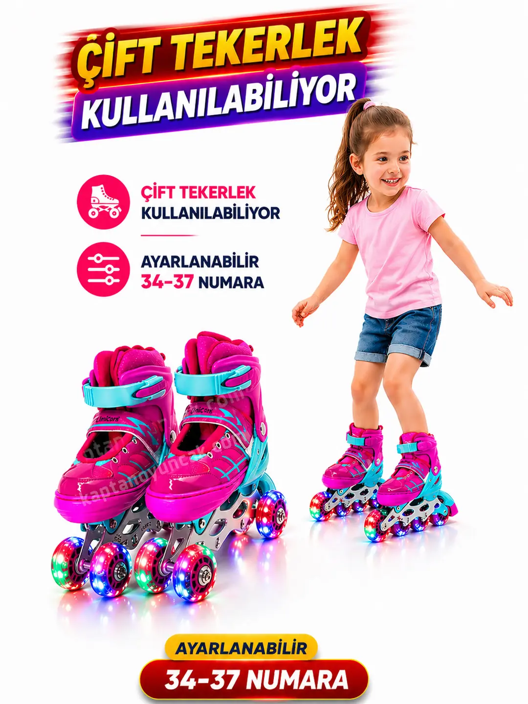 Çift Sıra Ayarlanabilen 4 Tekerlekli 4 Teker Işıklı Alıştırma Pateni 34-37
